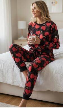 Love To Sleep Velour Black with Printed Hearts Sleepwear size Medium